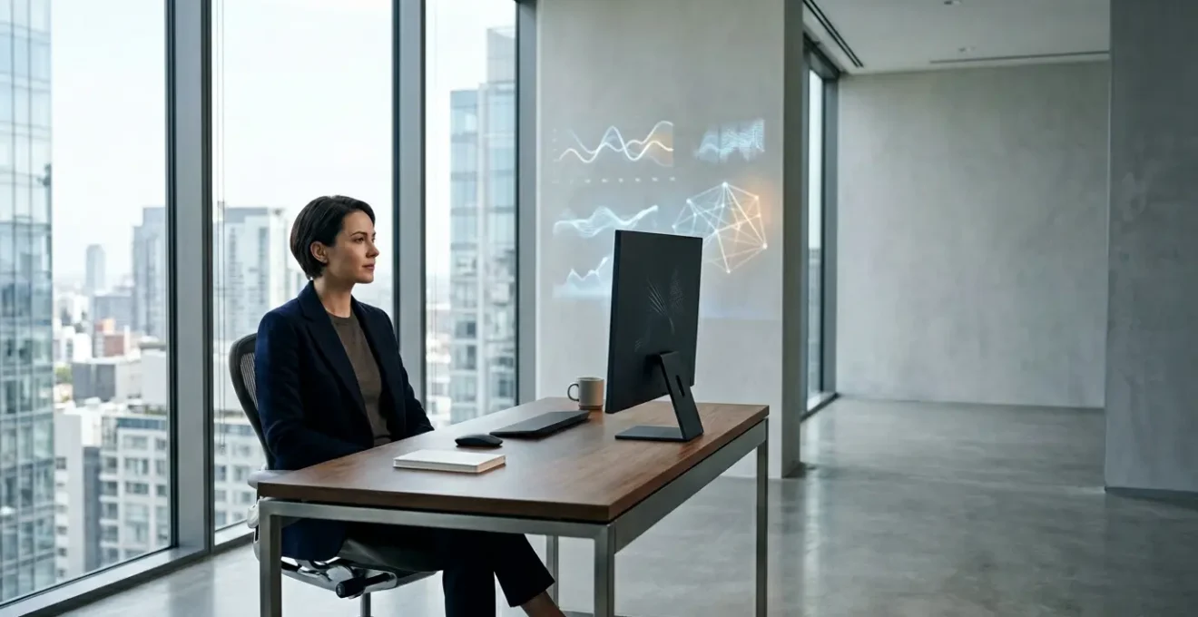 Professional trader analyzing systematic investment data on multiple screens in modern office environment