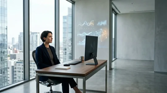 Professional trader analyzing systematic investment data on multiple screens in modern office environment