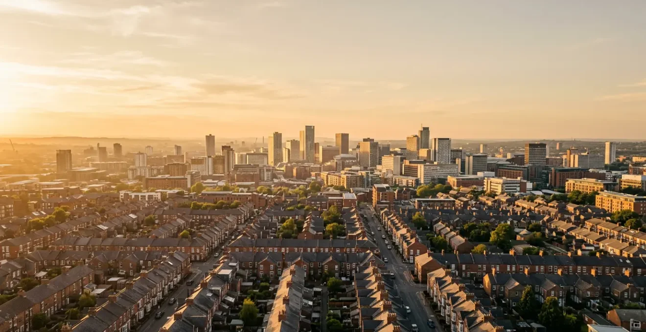 Aerial view of contrasting UK cityscapes showing property investment disparity between northern and southern urban areas