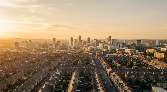 Aerial view of contrasting UK cityscapes showing property investment disparity between northern and southern urban areas