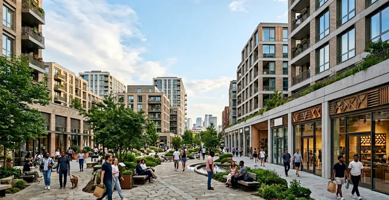 Wide-angle editorial photograph showing a modern mixed-use urban development with residential towers, ground-floor commercial spaces, and pedestrian public realm in natural daylight