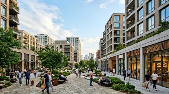 Wide-angle editorial photograph showing a modern mixed-use urban development with residential towers, ground-floor commercial spaces, and pedestrian public realm in natural daylight