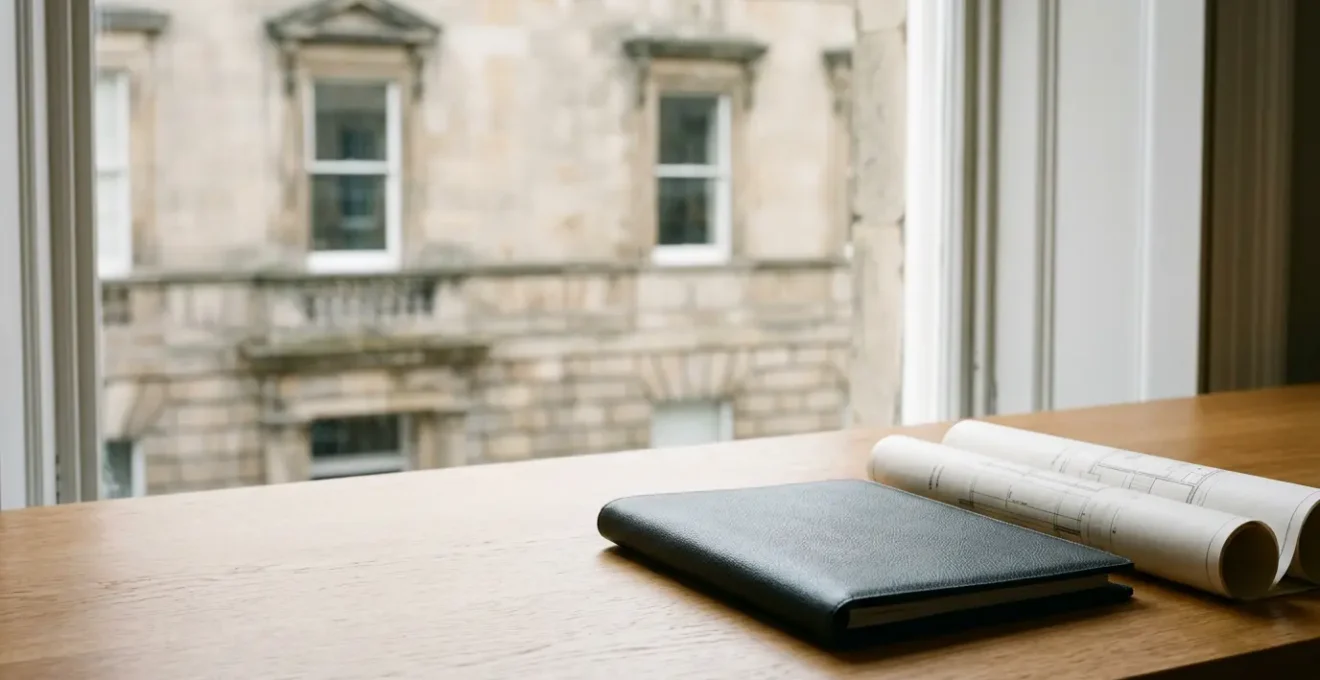 Professional financial planning scene for UK property investment with subtle British architectural elements in background