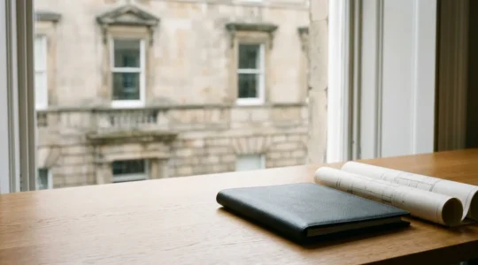 Professional financial planning scene for UK property investment with subtle British architectural elements in background