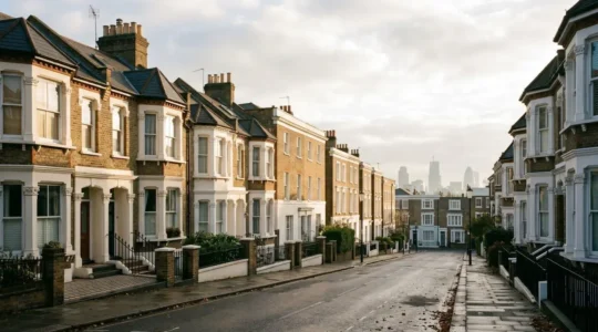 Editorial photograph depicting the UK property market paradox during economic downturn