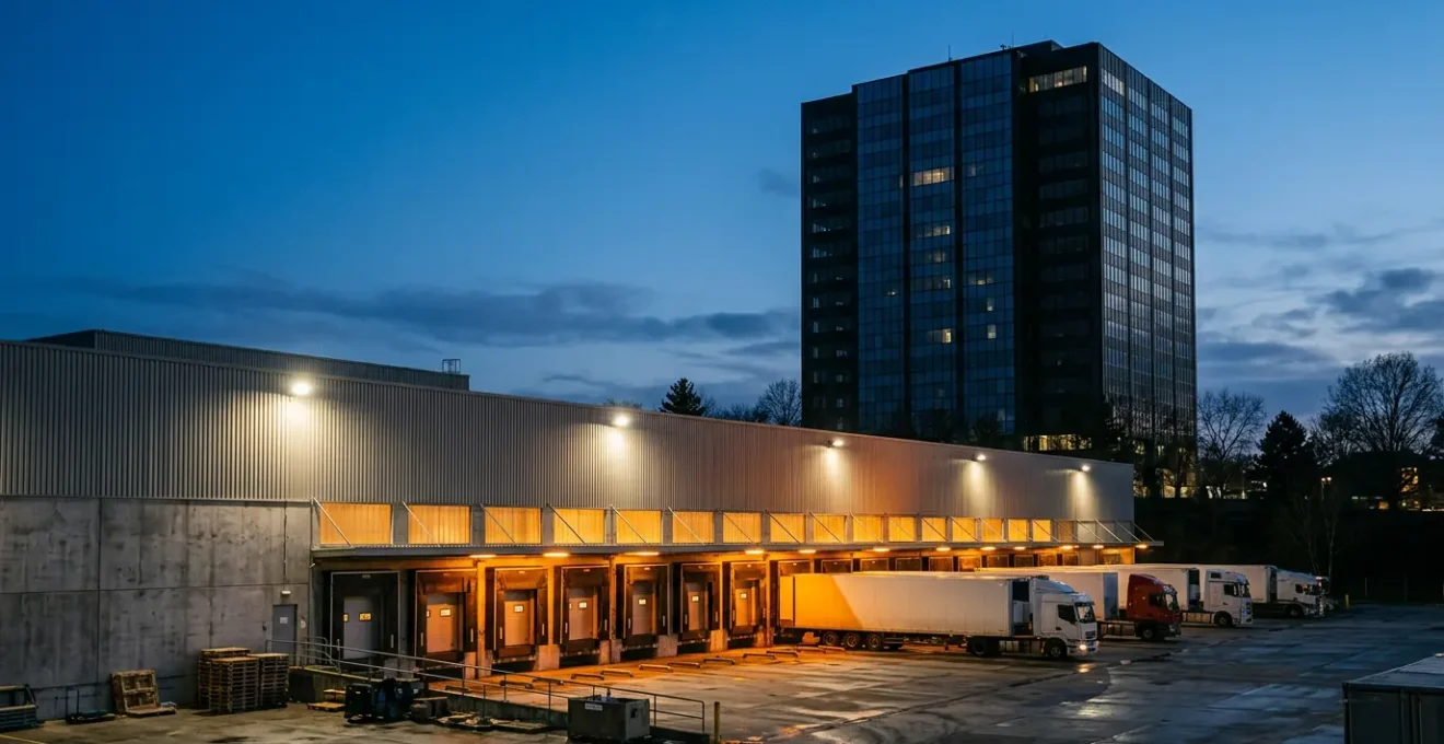 Modern distribution warehouse complex with loading docks contrasted against empty office building, symbolizing post-pandemic commercial real estate divergence