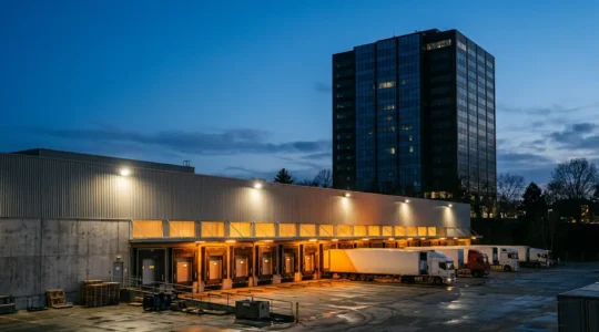 Modern distribution warehouse complex with loading docks contrasted against empty office building, symbolizing post-pandemic commercial real estate divergence