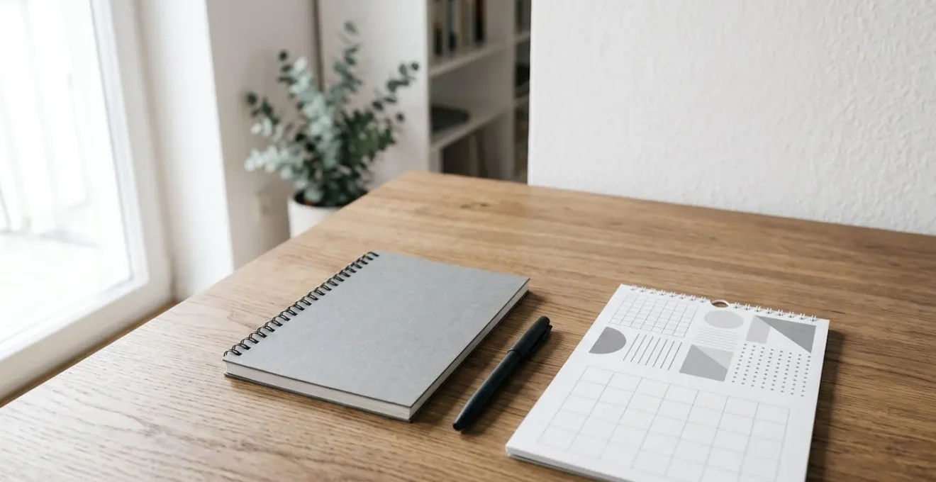 Minimalist wide-angle photograph of a clean desk with calendar and financial planning materials representing annual savings review strategy
