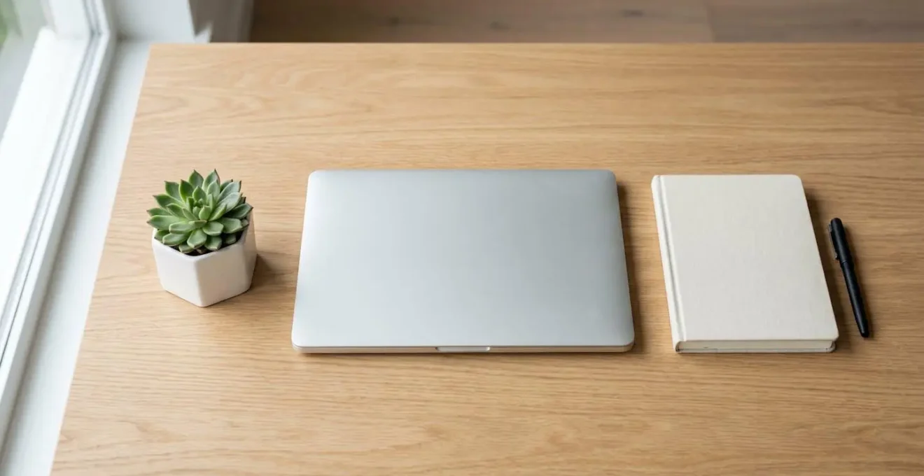 A clean minimalist workspace with a laptop displaying a well-organized spreadsheet dashboard with color-coded cells and charts