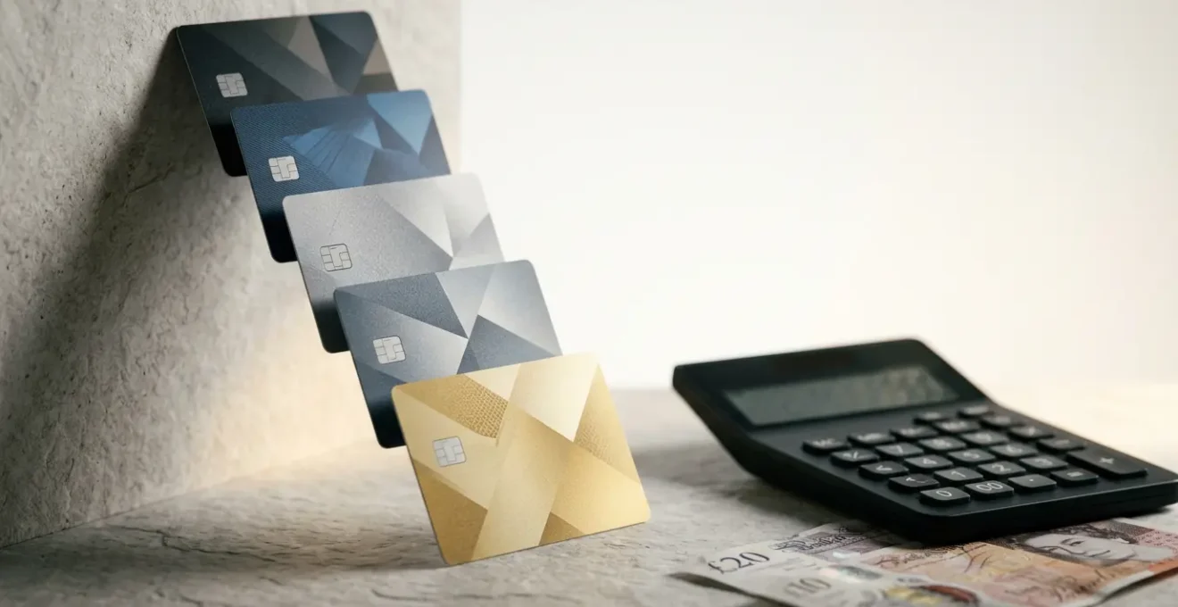 Multiple credit cards stacked with calculator showing debt reduction strategy and financial planning documents