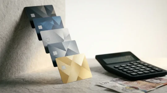 Multiple credit cards stacked with calculator showing debt reduction strategy and financial planning documents