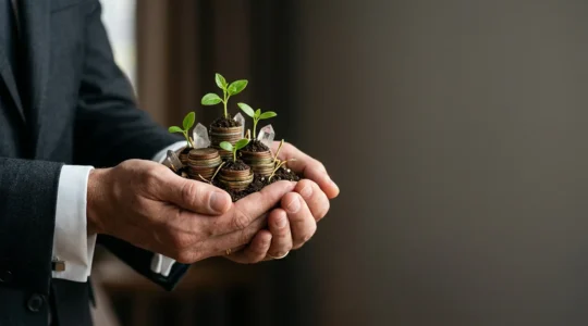 Professional hands holding symbolic representation of pension growth with employer contributions