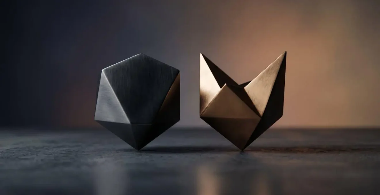 Abstract representation of a balanced risk management strategy with two objects in perfect equilibrium, symbolizing a zero-cost collar.