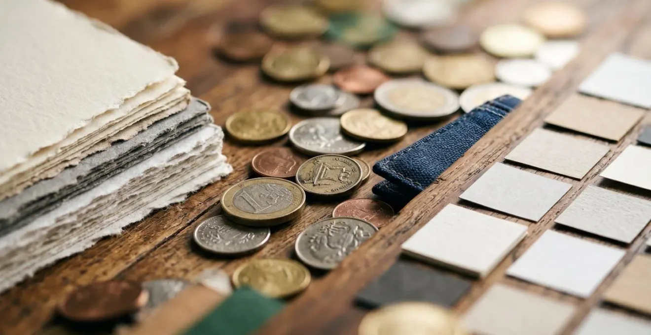 Close-up macro photograph showing diverse personal finance planning materials with selective focus