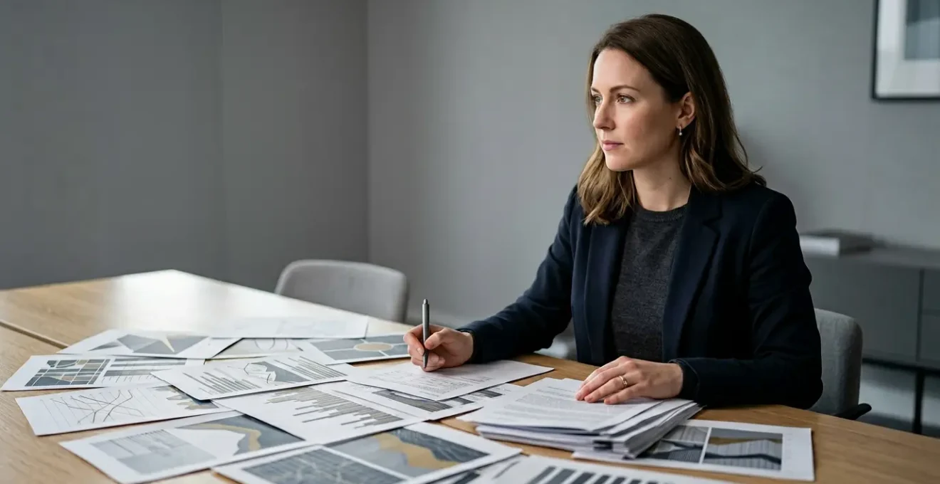 Professional contemplating complex financial documents in modern minimalist office setting