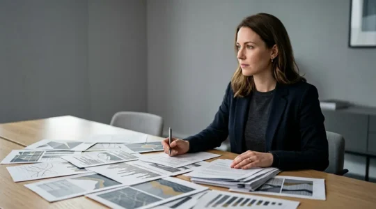 Professional contemplating complex financial documents in modern minimalist office setting