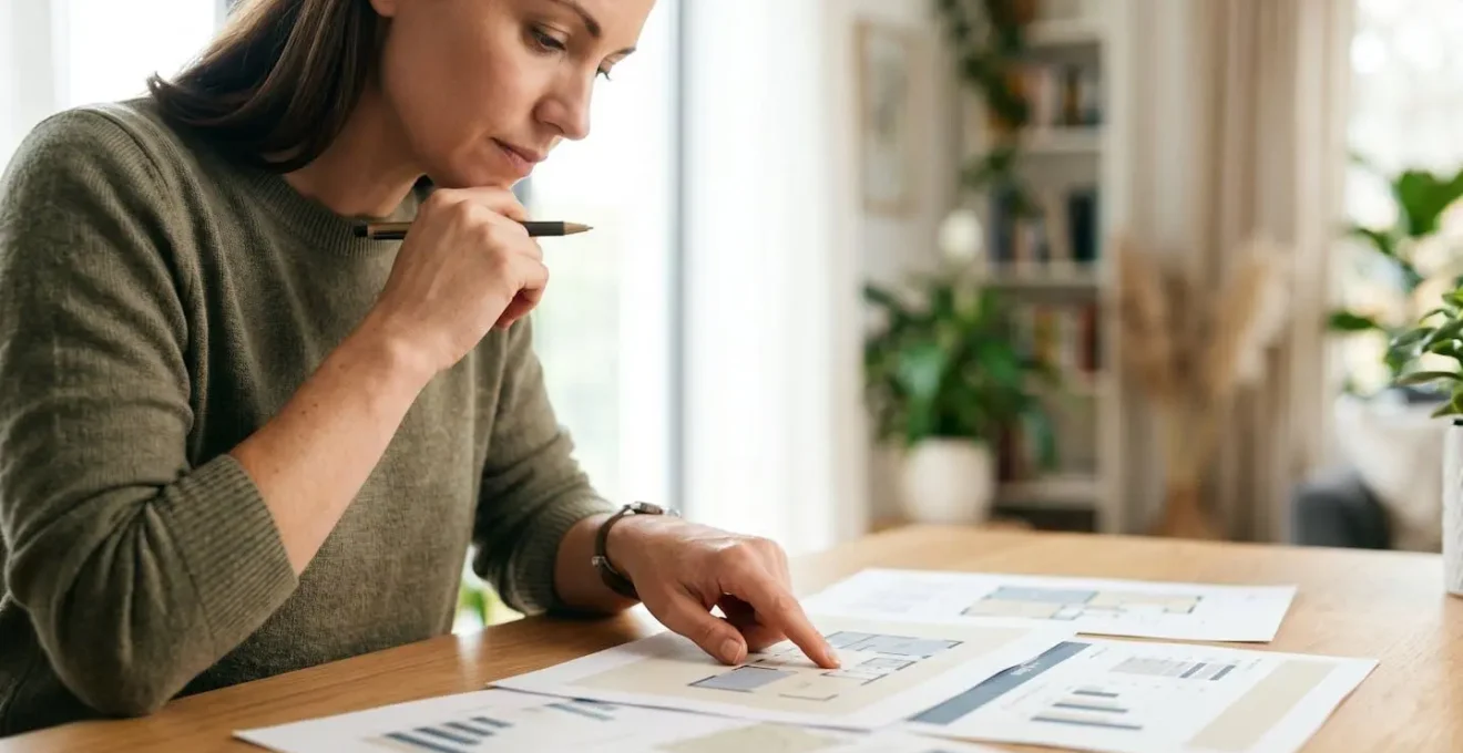 Medium portrait of professional reviewing property investment materials in modern home office environment