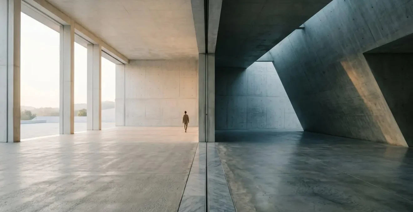 Wide environmental photograph depicting market regime transition through minimal architectural composition