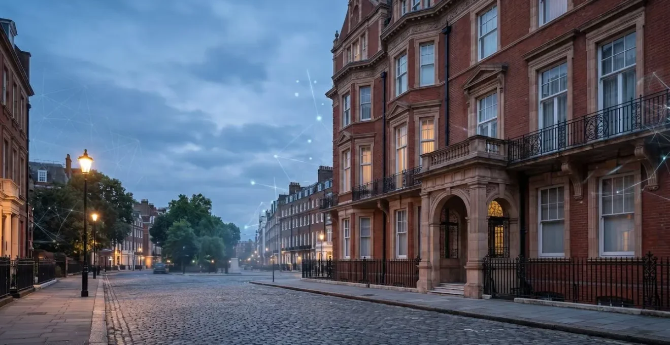 Premium London property facade with digital blockchain overlay representing fractional ownership accessibility