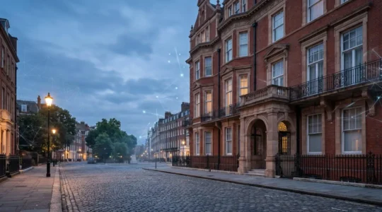 Premium London property facade with digital blockchain overlay representing fractional ownership accessibility