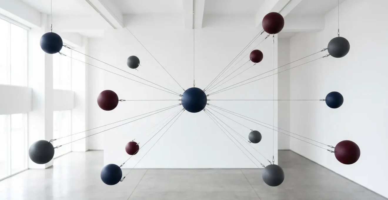 Wide environmental photograph showing abstract financial network connectivity in minimalist setting
