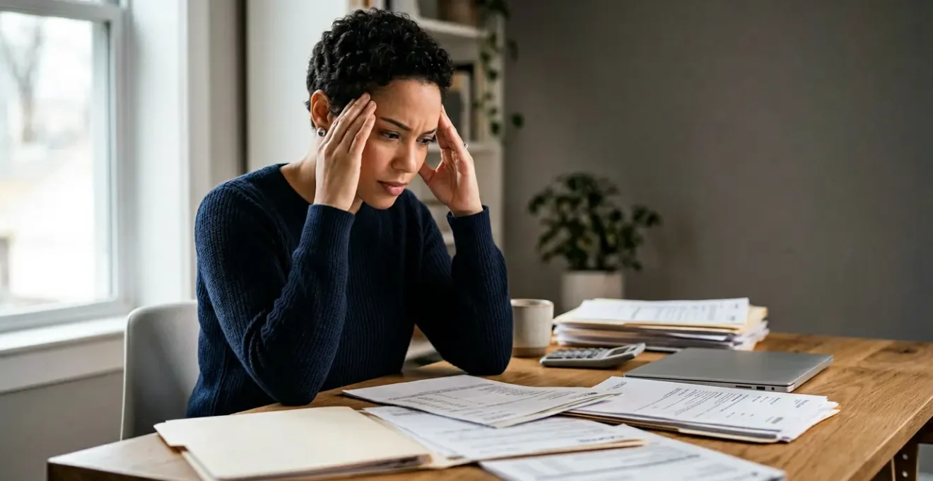 A person sitting at a desk surrounded by scattered financial documents and statements, looking puzzled while trying to calculate their net worth