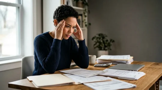 A person sitting at a desk surrounded by scattered financial documents and statements, looking puzzled while trying to calculate their net worth