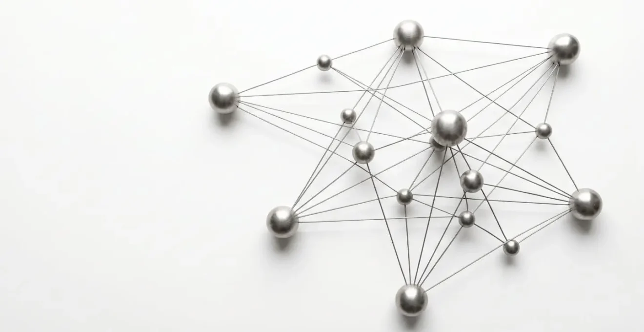 Abstract visualization of distributed supply chain network nodes representing blockchain architecture