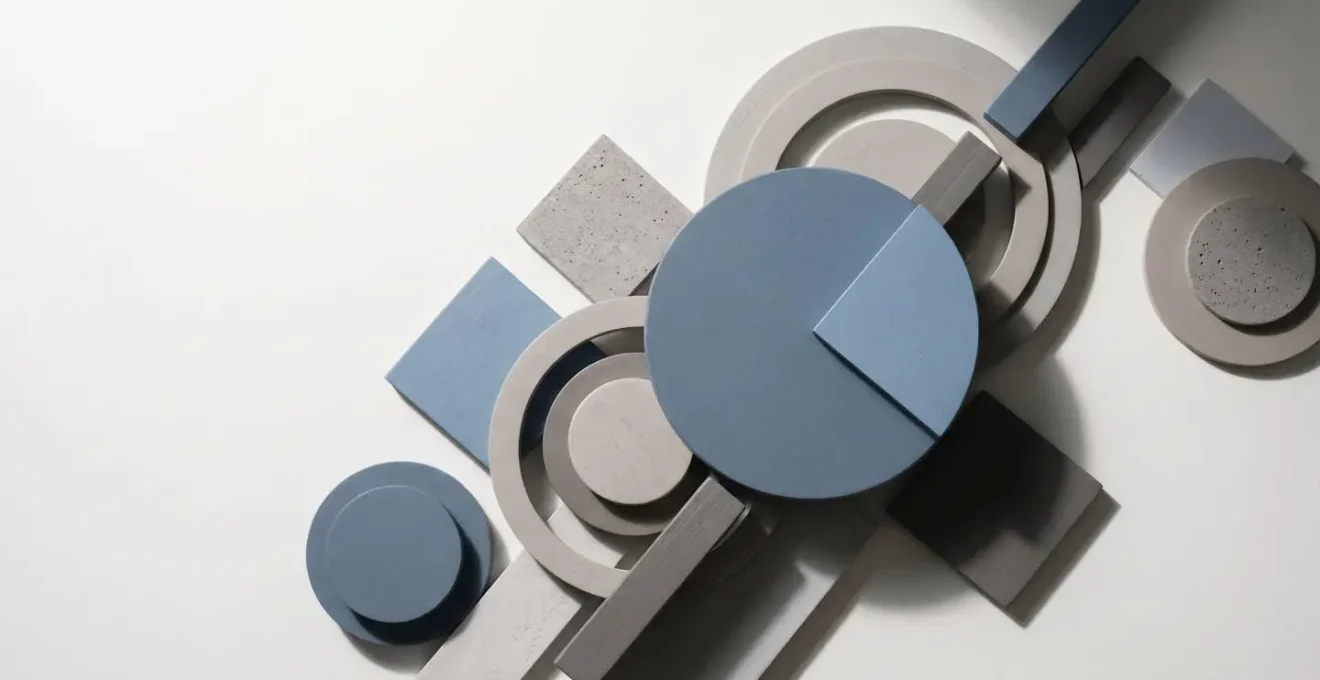Clean overhead view of portfolio rebalancing decision framework with geometric shapes representing asset allocation