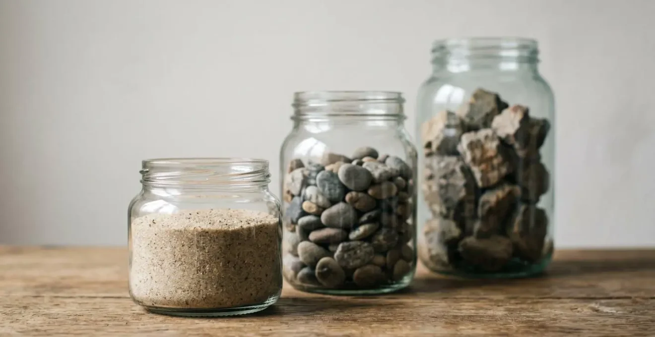 A visual representation of a layered financial safety net with three glass jars of increasing size, filled with sand, pebbles, and stones to symbolize different levels of cash accessibility.