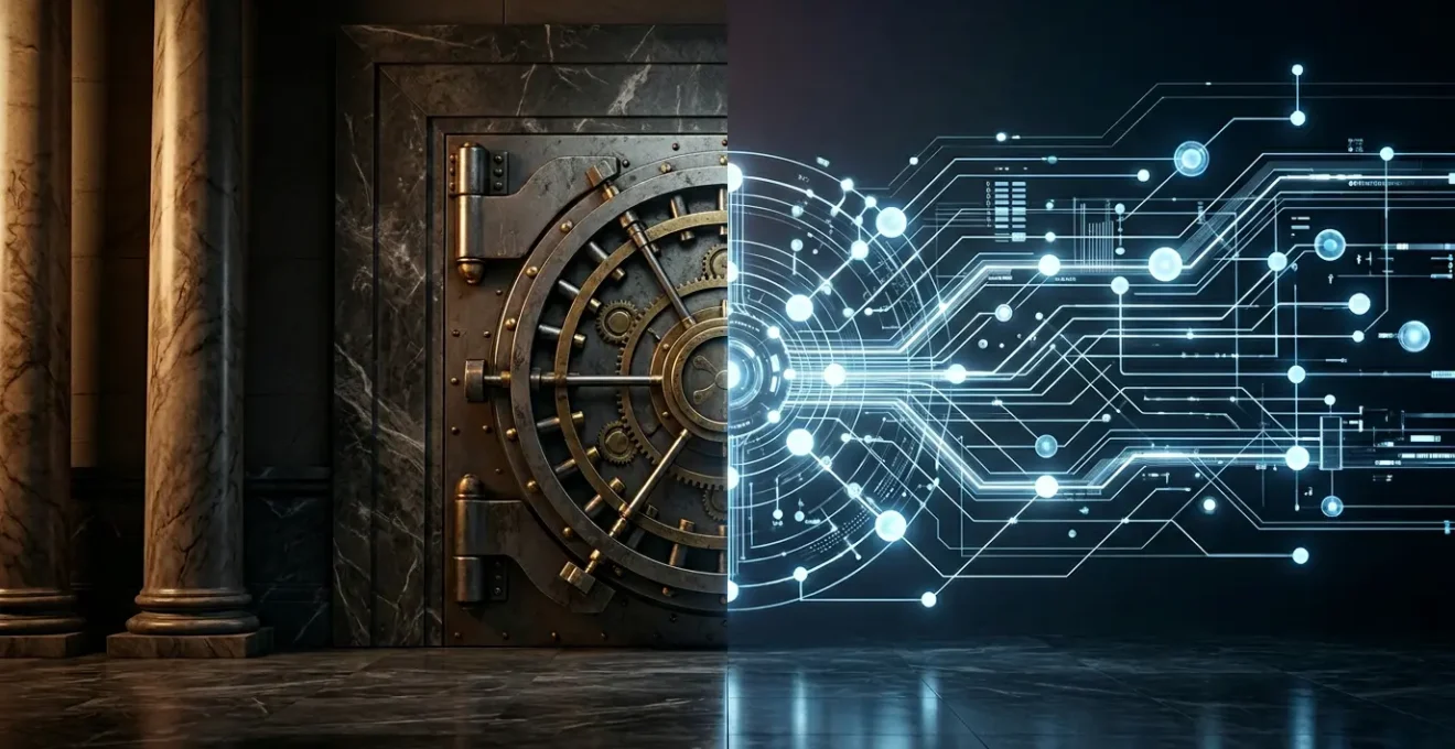 Visual contrast between traditional banking infrastructure and modern blockchain technology representing transaction speed differences