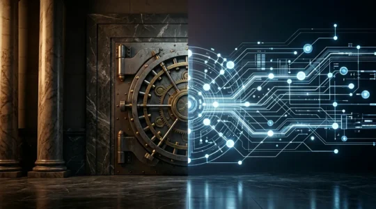 Visual contrast between traditional banking infrastructure and modern blockchain technology representing transaction speed differences