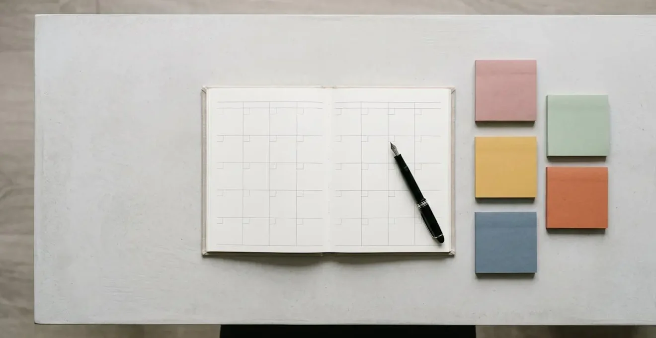 Clean organized workspace showing a minimalist calendar and colored notes, symbolizing an economic data tracking methodology.