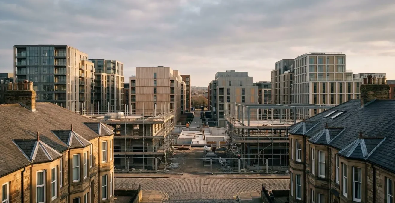 Wide environmental shot of UK urban regeneration area showing mix of construction activity and established residential zones