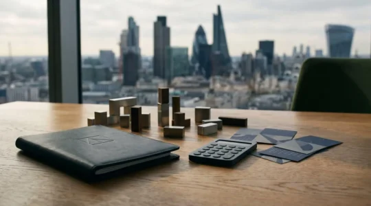 Professional reviewing UK tax planning documents with subtle financial charts and natural lighting