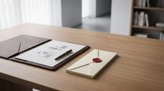 Ambitious entrepreneur with prototype blueprint and investment documents in contemporary workspace