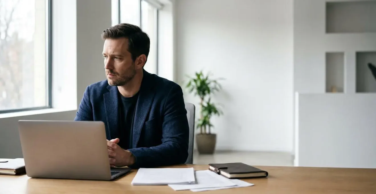 Business professional reviewing investment documents in contemplative mood showing the aftermath of venture capital meetings