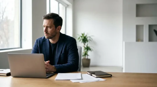 Business professional reviewing investment documents in contemplative mood showing the aftermath of venture capital meetings