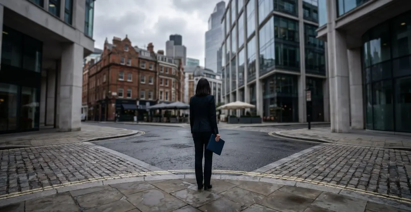 A business founder at a strategic crossroads facing uncertainty and difficult decisions
