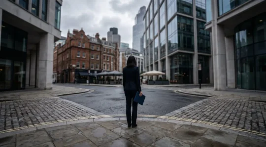 A business founder at a strategic crossroads facing uncertainty and difficult decisions