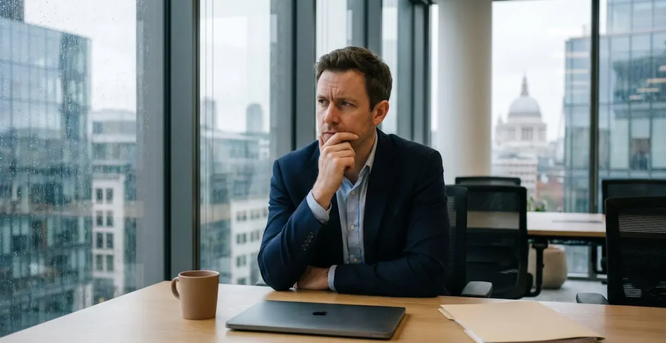 UK tech founder contemplating failed exit strategy in modern office environment