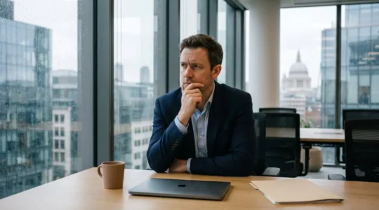UK tech founder contemplating failed exit strategy in modern office environment